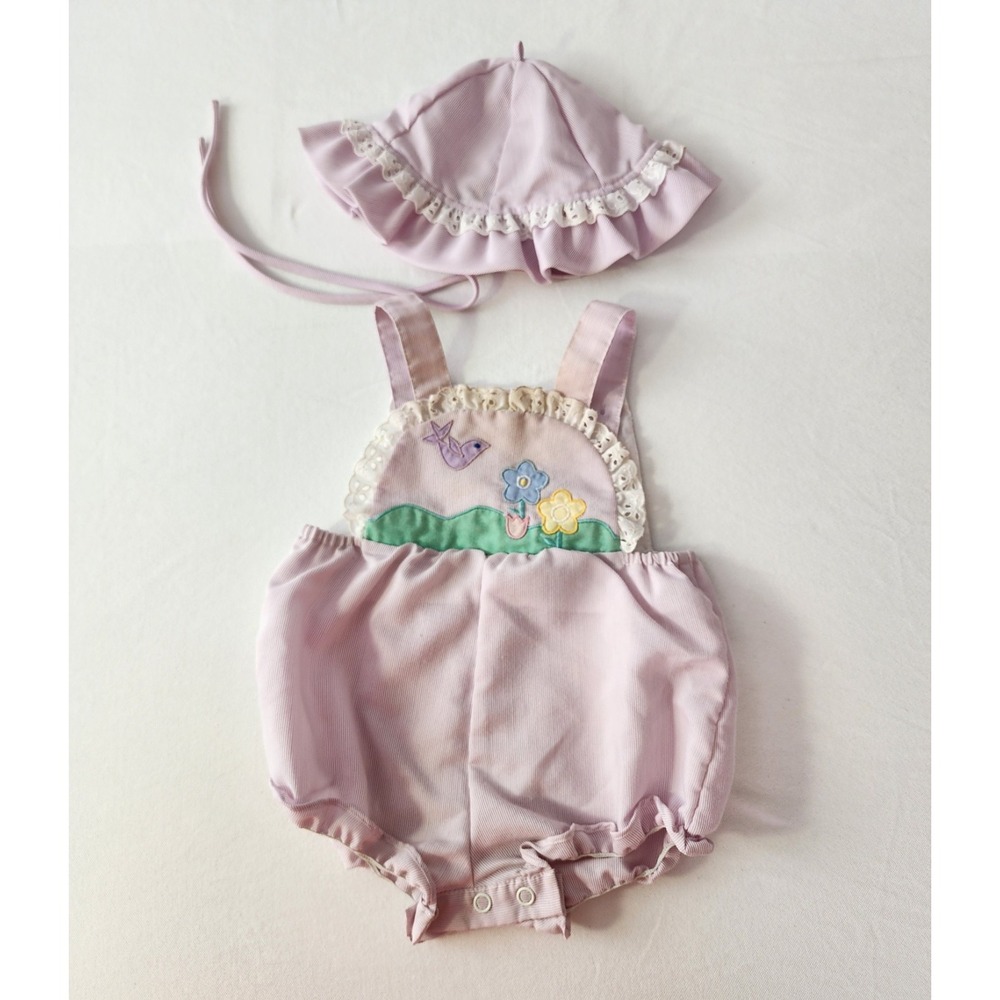 Vtg Baby Girl Bubble Romper Bird Flower Applique 12 Mo Bonnet Hat Purple Stripe